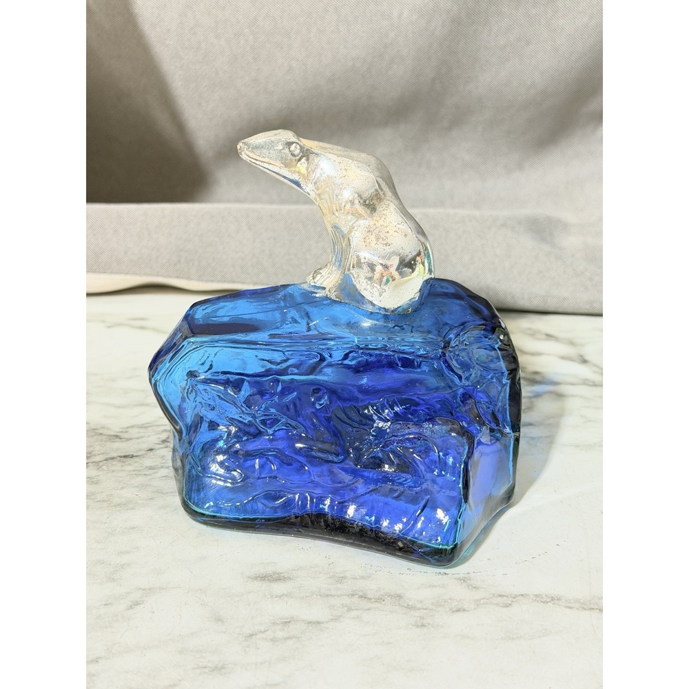 Avon Arctic King Plastic Silver Polar Bear On Blue Ice Glass Bottle EMPTY (3278)